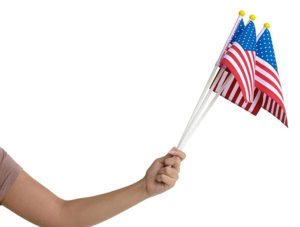 Beyaz Arka Planda Küçük Amerikan Birleşik Devletleri Bayrağını Sallarken Çekilmiş — Stok fotoğraf