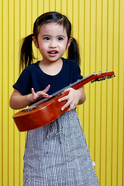 Portrait Studio Shot Little Cute Pigtails Hairstyle Preschooler Musician Happy — Stock Photo, Image