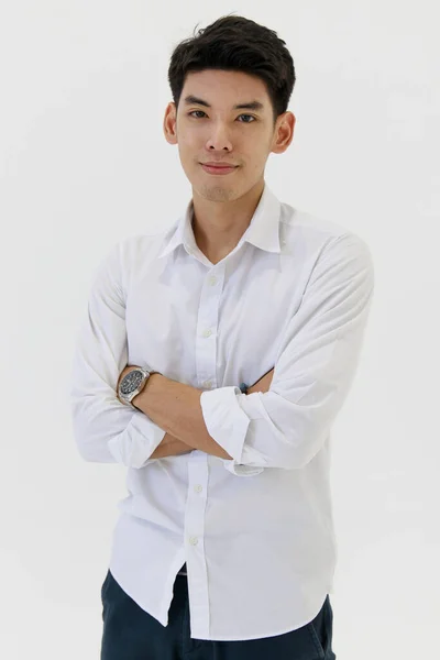 Portrait Young Asian Man Years Old Wearing White Shirt Watch — Stock Photo, Image