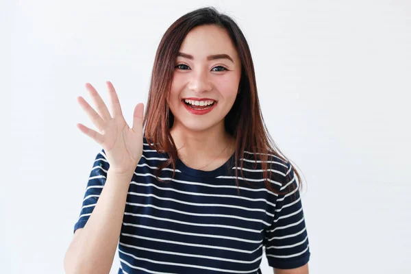 Студийный Портрет Азиатской Молодой Счастливой Веселой Очаровательной Модели Повседневной Одежде — стоковое фото