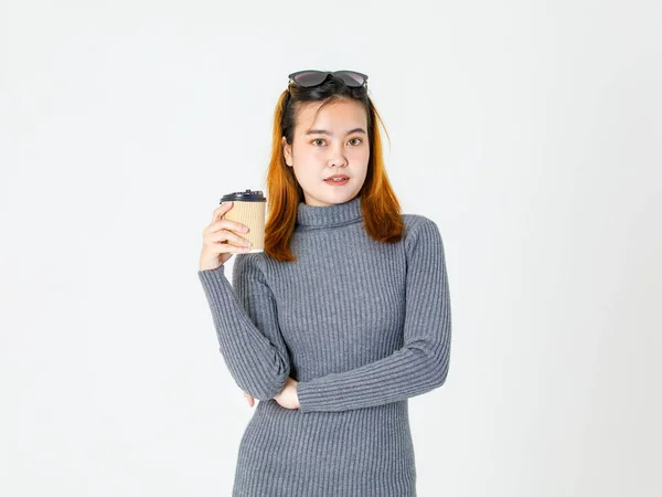 Porträtt Närbild Studio Skott Asiatiska Unga Kvinnliga Modellen Grå Polotröja — Stockfoto