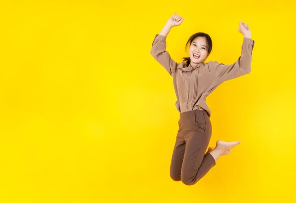 Lovely Asian Girl Lively Jumping High Clench Fits Laugh Cheerful — Stock Photo, Image