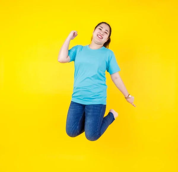 Lively Young Asian Girl Cheerfully Jumping High Fly Air Exciting — Stock Photo, Image