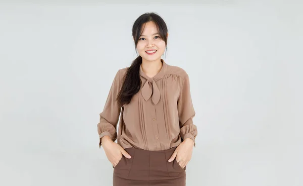 Lovely Asian Girl Cheerfully Smile Friendly Emotion Confident While Standing — Stock Photo, Image