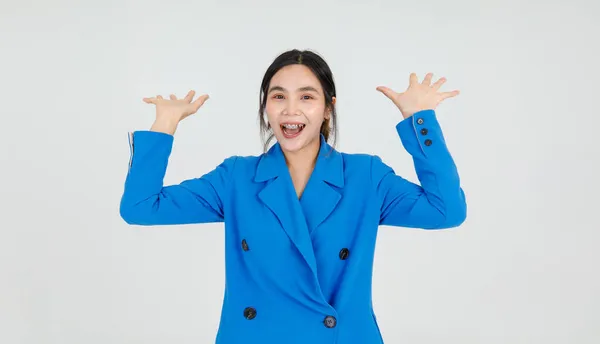 Beautiful Asian Girl Raising Palms Lovely Smile Happy Attractive Blue — Stock Photo, Image