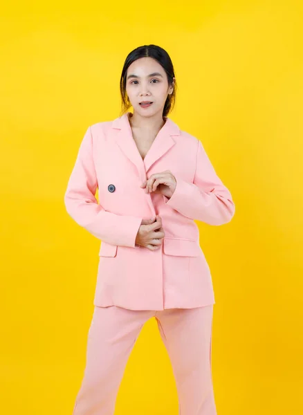 Cute Sexy Asian Girl Fasten Button Gorgeous Pink Business Jacket — Stock Photo, Image