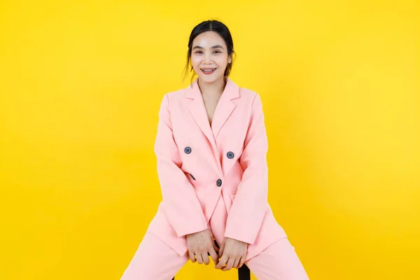 Lovely Asian Girl Smiling Happy Beautiful Pink Jacket Attractive Pastel — Stock Photo, Image