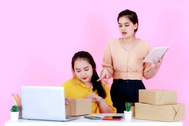 Stüdyo, iki Asyalı mutlu, başarılı, profesyonel kadın girişim küçük iş kadını, gülümseyen ve pembe arka planda birlikte çalışan iş kadını çekti..