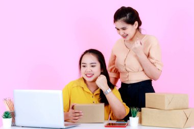 Stüdyo, iki Asyalı mutlu profesyonel kadın girişim küçük iş kadını gülümseyen bir iş kadını, müşteri pembe arka planda ürünler sipariş ettiğinde zafer için yumruklarını kaldırır..