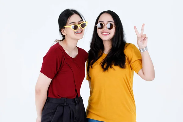 Studio Shot Two Young Asian Cool Fashionable Stylish Female Friends — Stock Photo, Image