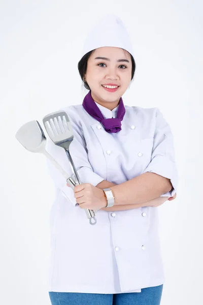 Ritratto Studio Girato Asiatico Professionale Ristorante Cucina Donna Esecutivo Chef — Foto Stock