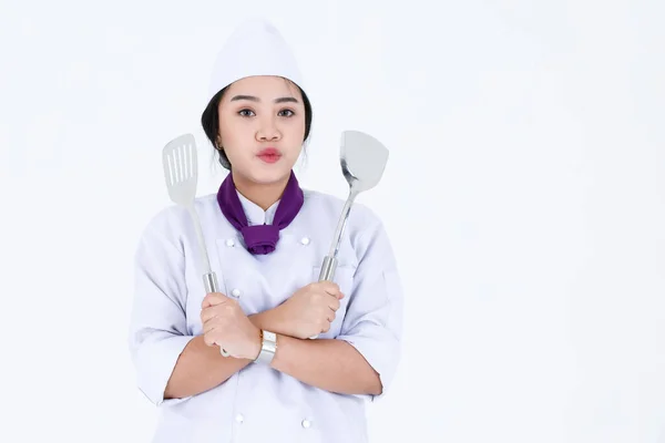 Retrato Estudio Disparo Restaurante Profesional Asiático Cocina Mujer Chef Ejecutivo — Foto de Stock