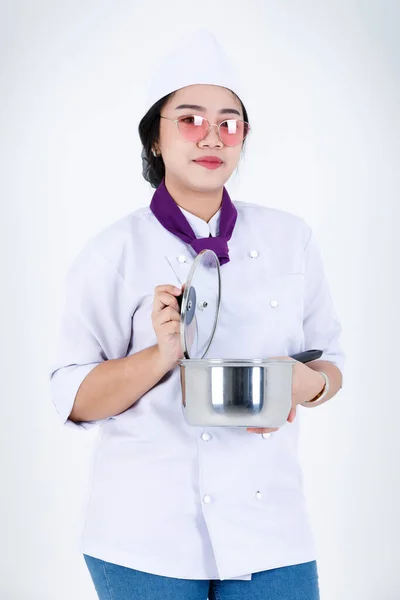 Retrato Estudio Disparo Restaurante Profesional Asiático Cocina Mujer Chef Ejecutivo — Foto de Stock