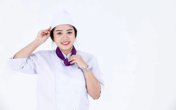요리를 요리사가 배경에 모자와 스카프 스카프 스카프를 모습을 아시아 요리사의 — 스톡 사진