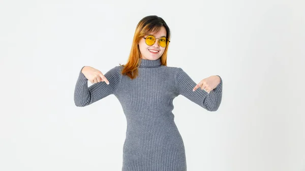 Portrait Studio Shot Asian Young Female Model Gray Turtleneck Sweater — Stock Photo, Image
