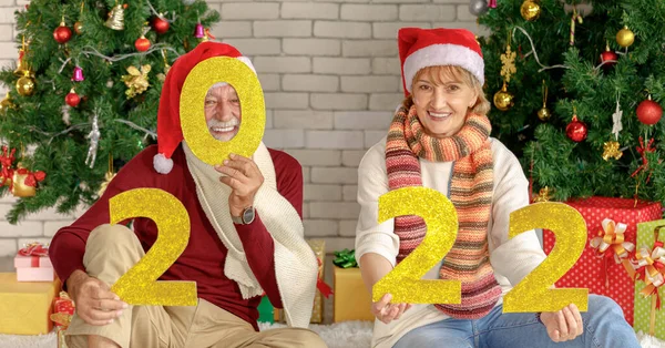 Позитивная Пожилая Пара Смотрит Камеру Улыбкой Демонстрируя Золотое Число 2022 — стоковое фото