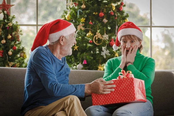 Senior Muž Santa Klobouk Úsměvem Dává Velký Dárek Pro Ohromenou — Stock fotografie