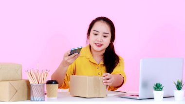 Asyalı başarılı genç bayan girişimci iş kadınının atölye fotoğrafı. Pembe arka plandaki çalışma masasındaki dizüstü bilgisayardan sevkiyat paketleri için teslimat adreslerini kontrol ediyor..