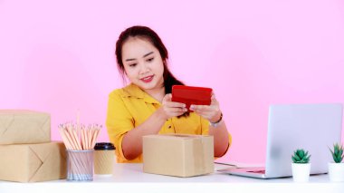 Asyalı başarılı genç bayan girişimci iş kadınının atölye fotoğrafı. Pembe arka plandaki çalışma masasındaki dizüstü bilgisayardan sevkiyat paketleri için teslimat adreslerini kontrol ediyor..