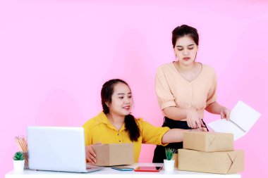 Stüdyo, iki Asyalı mutlu, başarılı, profesyonel kadın girişim küçük iş kadını, gülümseyen ve pembe arka planda birlikte çalışan iş kadını çekti..