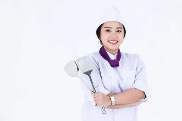 Retrato Estudio Disparo Restaurante Profesional Asiático Cocina Mujer Chef Ejecutivo —  Fotos de Stock