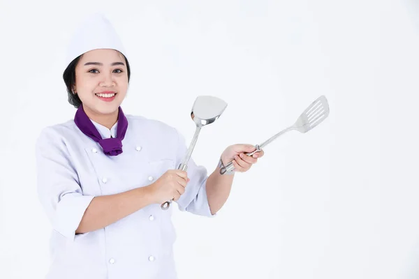 Retrato Estudio Disparo Restaurante Profesional Asiático Cocina Mujer Chef Ejecutivo —  Fotos de Stock