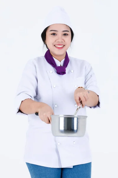 Portrait Studioaufnahme Von Asiatischen Professionellen Restaurantkocherinnen Koch Uniform Und Schal — Stockfoto