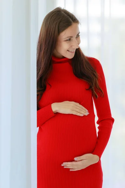 Caucasico Millenario Giovane Felice Sexy Madre Incinta Prenatale Abito Casual — Foto Stock