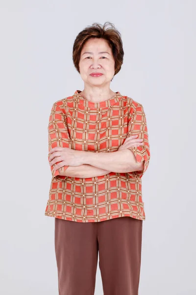 Charming Senior Chinese Woman Looks Healthy Joyful Casual Fabric Shirt — Stock Photo, Image