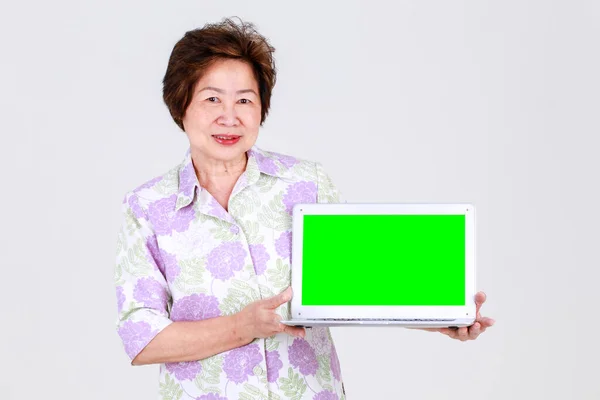 Senior Asiatisk Kvinna Gärna Demonstrera Banner Visning Rekommenderad Bärbar Dator — Stockfoto