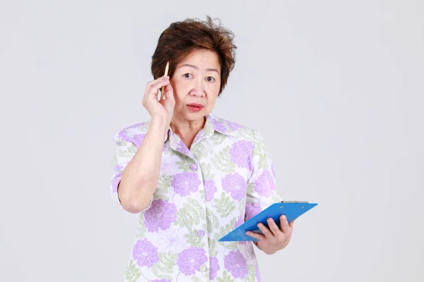 Elderly Aunt Senior Asian Woman Elderly Teacher Recording Creative Idea — Stock Photo, Image