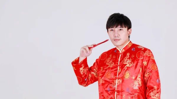 Tur Kinesisk Man Traditionell Mandarin Skjorta Leende Och Glädje För — Stockfoto