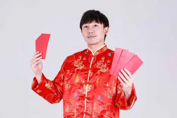 Szerencsés Kínai Férfi Hagyományos Mandarin Ing Mosoly Öröm Hogy Kulturális — Stock Fotó