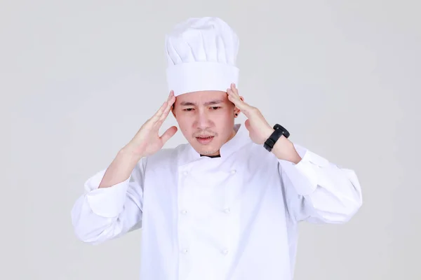 Chef Chino Experimentado Inteligente Uniforme Cocina Elegante Siente Molesto Preocupan —  Fotos de Stock