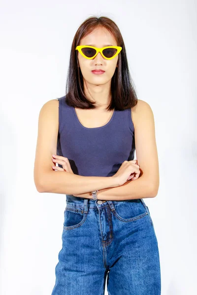 Porträtt Isolerad Närbild Studio Cutout Skott Asiatisk Kvinnlig Modell Gröda — Stockfoto