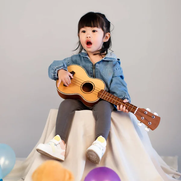 Studio Shot Little Cute Preschooler Girl Daughter Jeans Jacket Sitting — Stock Photo, Image