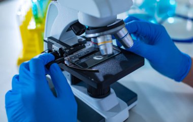 Mikroskop altında mikroskop altına yerleştirilen kusurlu mikrobiyoloji numunesinin yakın plan çekimi koruyucu güvenlik eldiveni takan bilim adamı elleri laboratuara odaklanan kamerayı düzeltirken.