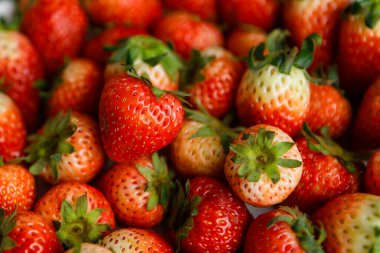 Üst manzara stüdyo çekimlerinde taze, sağlıklı, çiğ, kırmızı çilekler..