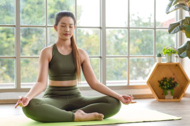 Asyalı, genç, güzel, seksi, zayıf, güçlü spor model. Ekinler içinde, üst üste spor giyimli, bacak bacak üstüne atmış, Lotus pozisyonunda meditasyon yapan, hafif ışık efektiyle sınıfın spor salonundaki yoga minderi..