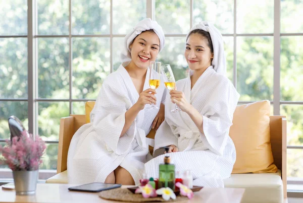 Two Asian Young Beautiful Spa Customers Friend White Clean Bathrobe — Stock Photo, Image