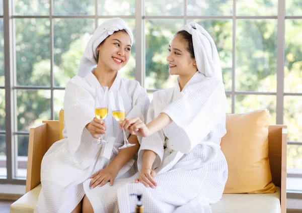 Two Asian Young Beautiful Spa Customers Friend White Clean Bathrobe — Stock Photo, Image