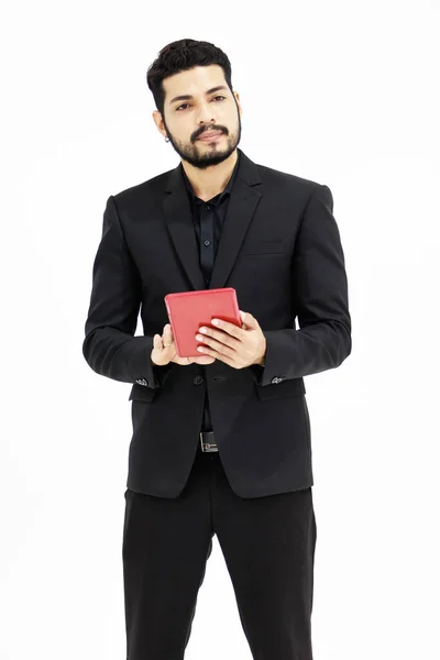 Studio Shot Indian Male Businessman Formal Suit Holding Working Tablet — Stockfoto