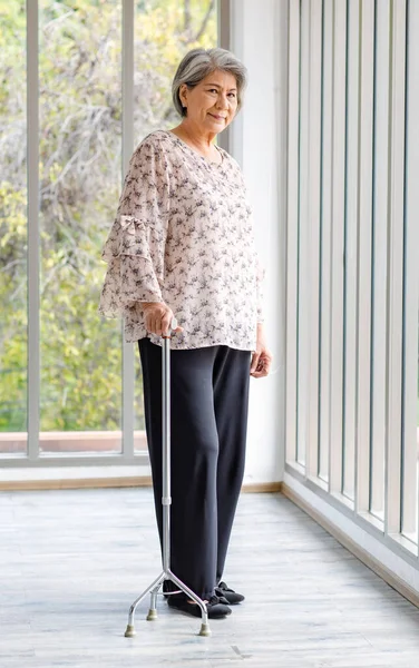 Full body shot Asian old senior happy healthy gray hair female retired pensioner in casual wear standing smiling in hospital hallway with glass windows using support assist walking cane stick walker.