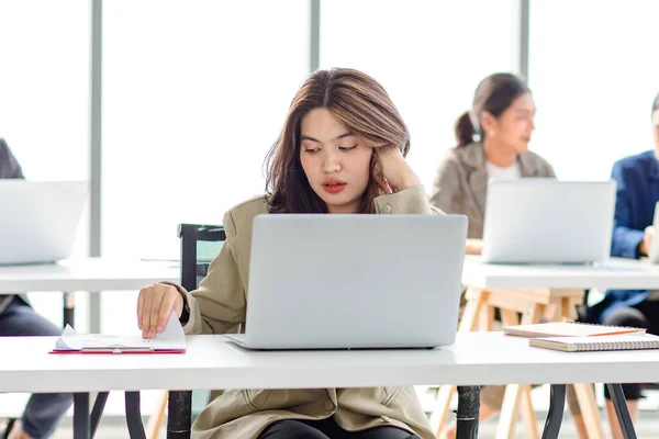 Closeup Shot Millennial Asian Young Stressed Depressed Sleepy Female Businesswoman — Fotografia de Stock