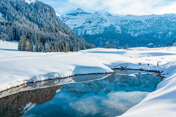 奥地利纳德鲁姆奥伯陶恩地区的这个防水油布的清澈水域 美丽地反映了白雪覆盖的群山 — 图库照片