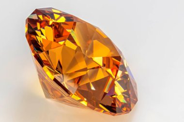 Goldsapphire nr ile kendi kendini kesen sentetik Corundum 'un detaylı fotoğrafı. 22SP renk ve yuvarlak parlak sivri uçlu ana gövde beyaz bir akrilik cam yüzeye yerleştirilmiş ve taç sağ üst tarafa dönük.
