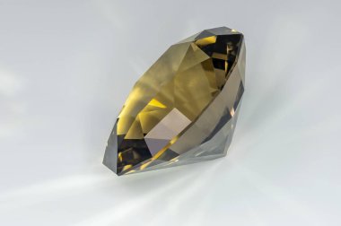 Detail photo (focus stacking) of a self-cut Quartz with smoke color and Barion Oval Quake 3.11 cut, placed on a white acrylic glass surface with the crown facing top left