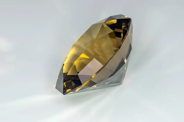 Duman rengi ve Barion Oval Deprem 3.11 kesikli kendinden kesilmiş bir kuvarsın beyaz camlı bir yüzeye yerleştirilmiş resmi (dikkat dağınıklığı) sol üste bakan taç