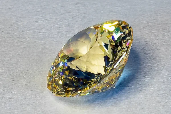 Detail photo (focus stacking) of a self-cut Cubic Zirconia with Lemon color and Round Brilliant Portuguese cut, placed on white paper with the crown facing top left