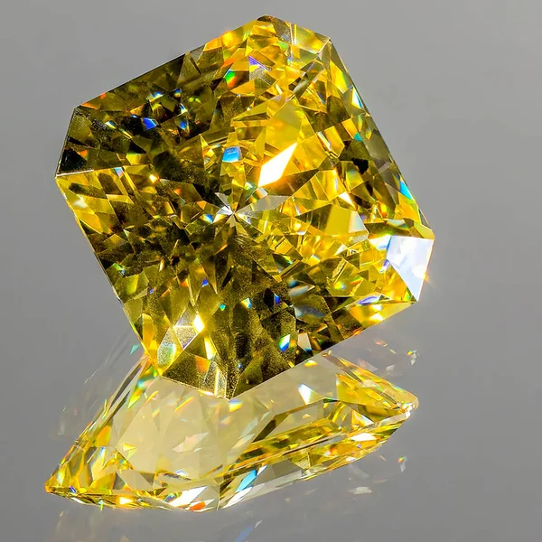 Detail photo (focus stacking) of a self-cut Cubic Zirconia with Lemon color and Squartuguese cut, placed on a mirror with the crown facing top right